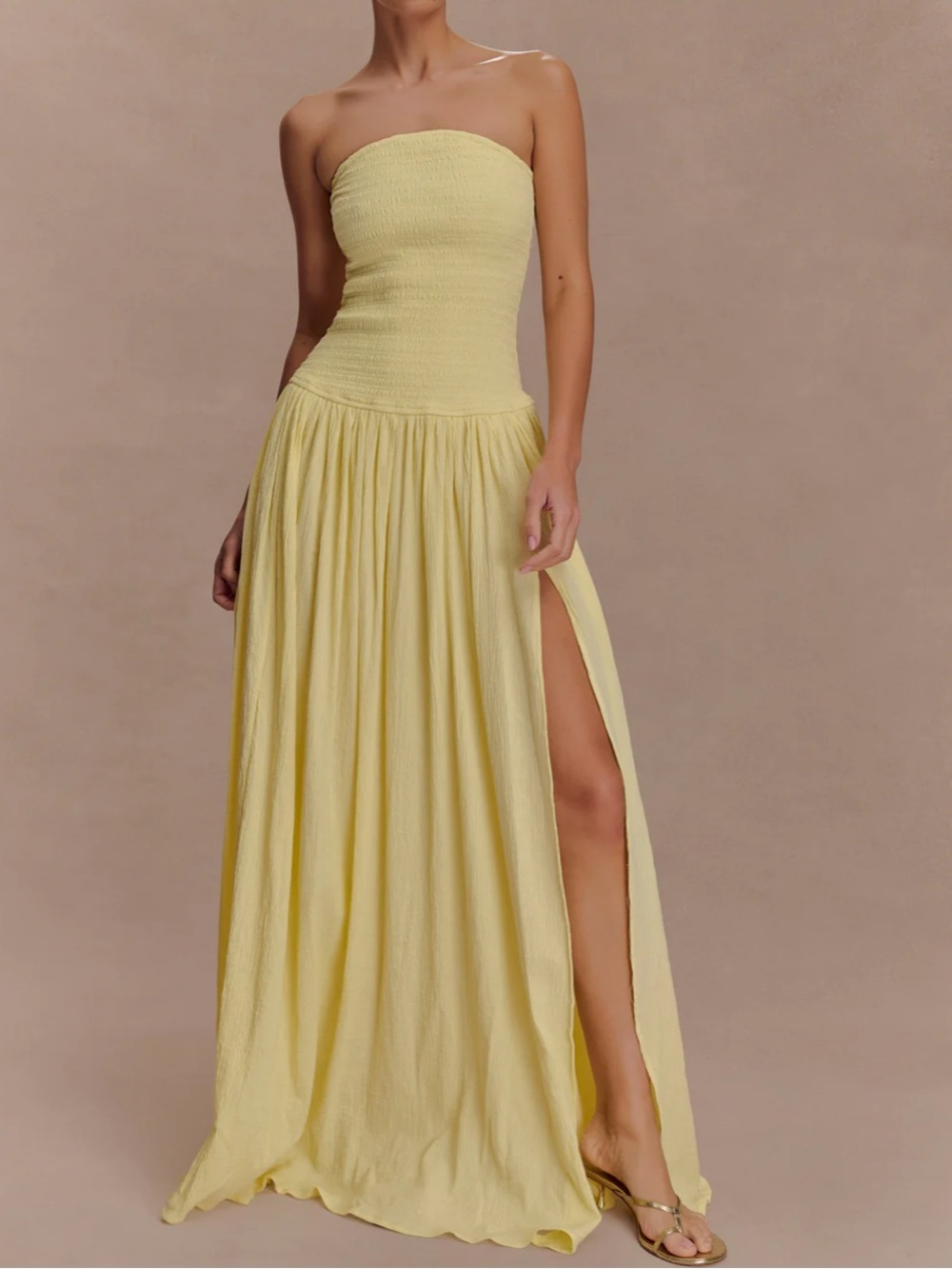 Meshki Strapless Smocked Bodice Maxi Dress in Pale Yellow
